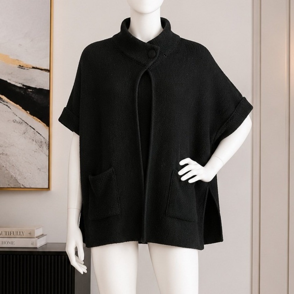 LC Lauren Conrad Womens Poncho Sweater Black Mock Neck Pockets One Size
